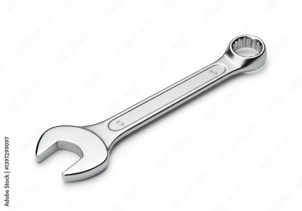 Poster shiny metal wrench with open end and closed ring for versatile mechanical uses and repair tasks