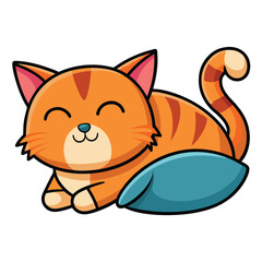 Orange Tabby Cartoon Cat Relaxing on a Blue Pillow with a Sweet Expression on White