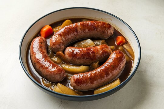 roasted sausages stewed in gravy in a bowl