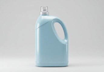 Blue plastic detergent bottle with handle and transparent cap isolated on a plain white background