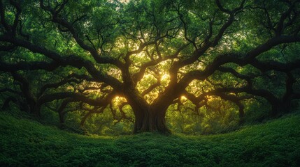 Fototapeta premium Majestic oak tree bathed in golden sunlight, lush forest, mystical aura
