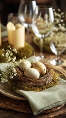 Fototapeta premium Decorative table setting with quail eggs in a nest surrounded by floral accents for an elegant spring gathering