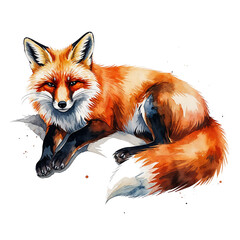 Fototapeta premium Watercolor Fox Lying on the Ground with Relaxed Expression