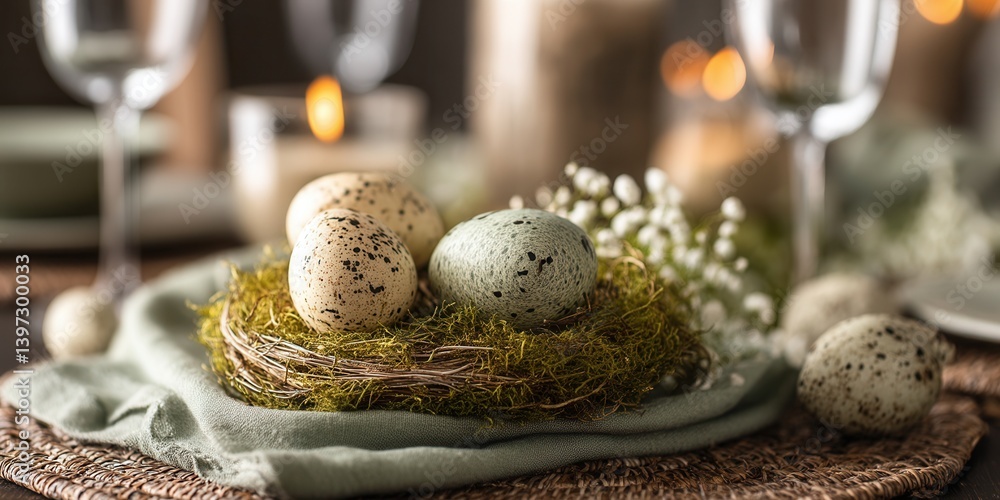Poster decorative easter eggs in a nest surrounded by candles and floral arrangements on a rustic table set