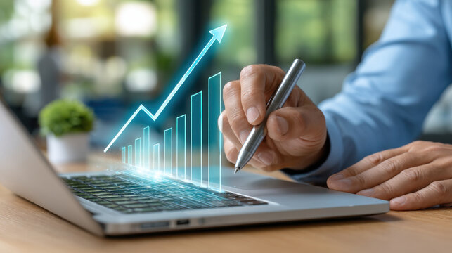 A Hand uses stylus to point at glowing graph on laptop, Business professionals analyze profit statistics and growth data on laptops, driving informed decision-making and financial planning