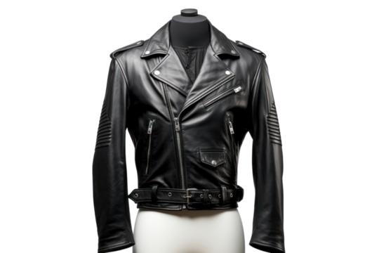 A high-quality leather biker jacket with silver buttons and a modern design, isolated on white background