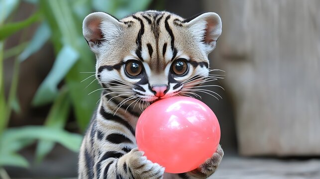 Adorable Ocelo Cat Playing with Pink Ball Surrounded by Nature