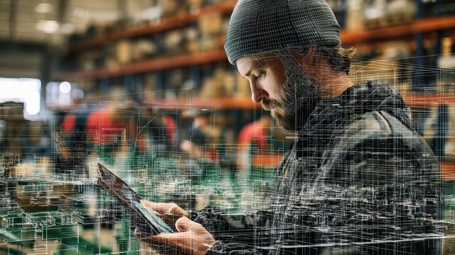 Engineer Analyzing Warehouse Map Using Digital Tablet Technology - Powered by Adobe