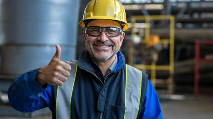 Industry worker give a thumb up: a happy engineer in a safety helmet and protective glasses give a thumb up gesture of approval, his smile reflecting the optimism and can-do spirit of the industry.  - Powered by Adobe