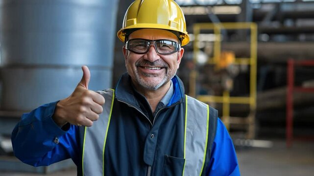 Industry worker give a thumb up: a happy engineer in a safety helmet and protective glasses give a thumb up gesture of approval, his smile reflecting the optimism and can-do spirit of the industry. 