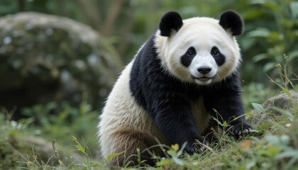 Naklejka premium Gentle Giant Panda in Lush Green Forest Habitat