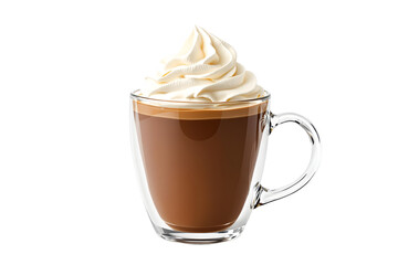 Warm hot chocolate in a clear glass mug topped with a generous swirl of fluffy white whipped cream isolated on white or transparent background. For drink menus and sweet indulgence concepts