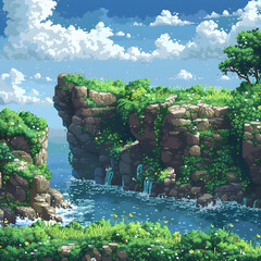 Fototapeta premium Scenic Pixel Art Landscape of Cliffs with Lush Vegetation Overlooking a Blue Ocean with Cascading Waterfalls and Fluffy Clouds on the Horizon