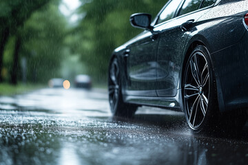Close-Up of Sports Car with Spinning Wheels on Highway at High Speed