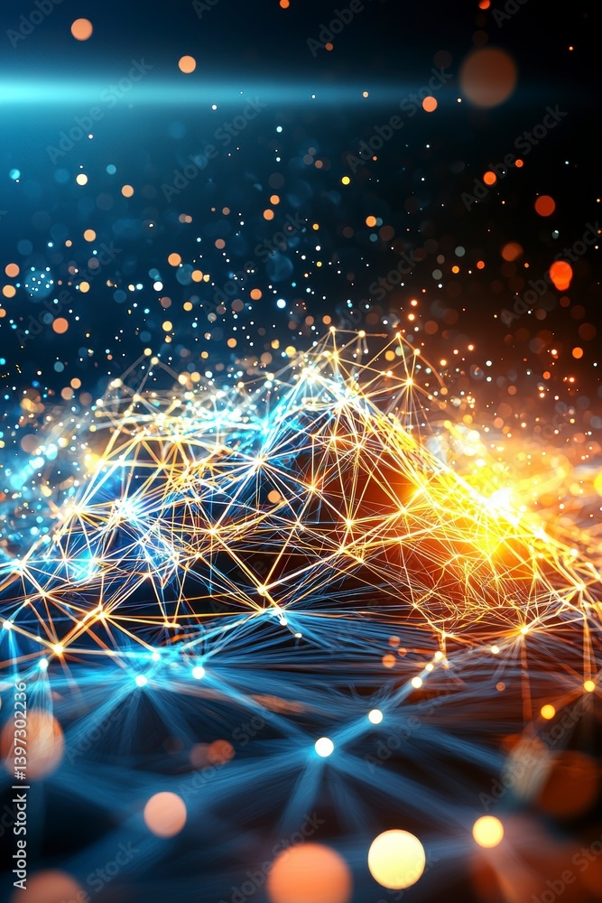 Poster dynamic digital network visualization virtual environment abstract art bright colors conceptual pers
