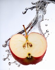 A medium-sized apple, freshly half-sliced, is displayed against a pristine white background. The juicy, vibrant red flesh is exposed in perfect detail—each segment glistening with moisture.