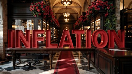Large red inflation sign dominates an elegant interior with red carpet, suggesting economic concerns in a luxurious setting.