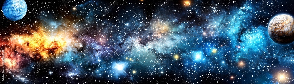 Poster exploration of cosmic wonders outer space digital artwork vast universe panoramic view astronomical 