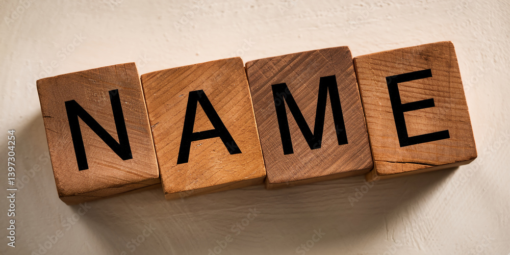 Poster wooden blocks spelling name on a beige background, showcasing simple typography and rustic texture, 