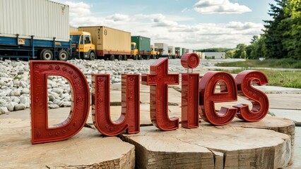 Red three dimensional letters spelling duties placed in front of trucks and containers representing import export business.