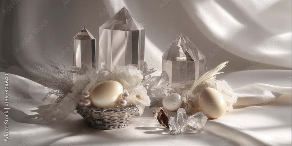 Poster elegant display of crystals and decorative elements arranged on soft fabric backdrop in a serene ind
