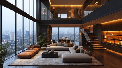 Luxurious penthouse living room with city view at twilight