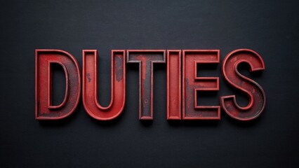 Red rusty metal letters spelling the word duties laying on a textured black background, representing work and responsibility.