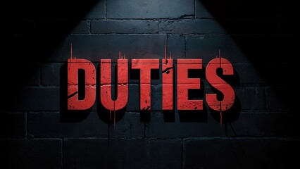 Red rusty metal letters spelling the word duties laying on a textured black background, representing work and responsibility.