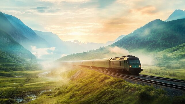 Rushing Train Through Scenic Valley at Sunrise in Soft Light