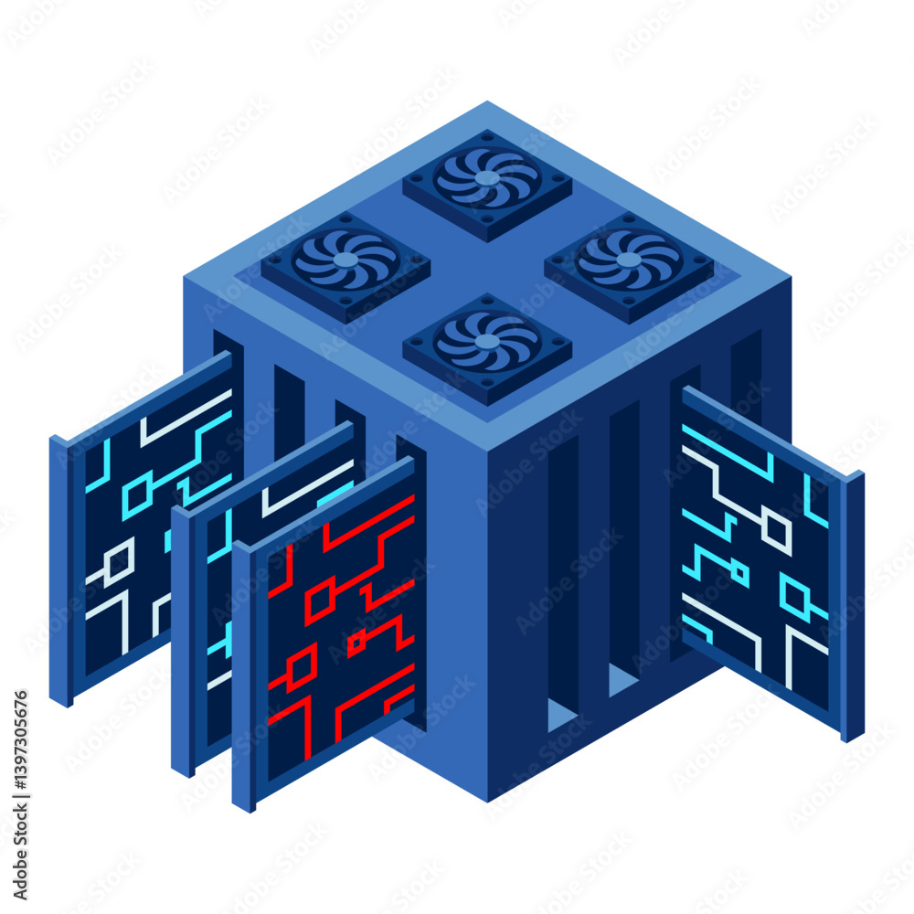 Poster isometric futuristic server. isometric database or data center. abstract blockchain. computer storag