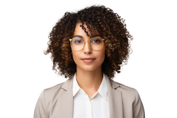 Smart woman with curly hair and glasses holding a tablet looking directly at the camera Isolated on white background