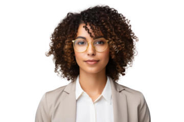 Smart woman with curly hair and glasses holding a tablet looking directly at the camera Isolated on white background