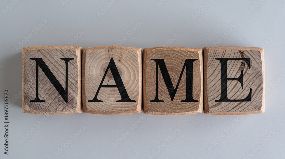 Poster wooden blocks spelling name, showcasing a simple, rustic design ideal for branding or identity conce