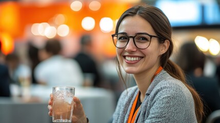 Smiling woman holds a drink in glass in bright event with bokeh background. Use to illustrate networking, conferences, or casual business interactions.