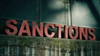 Large, red, three dimensional letters spelling sanctions sit on a concrete ledge outside a weathered industrial building.