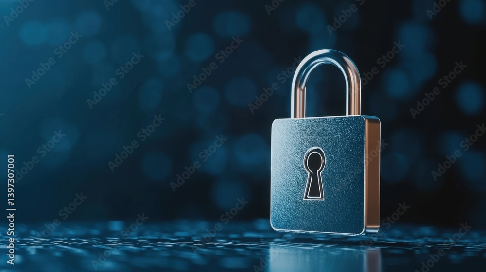 Poster modern padlock on keyboard with blue bokeh background symbolizing security and digital protection me