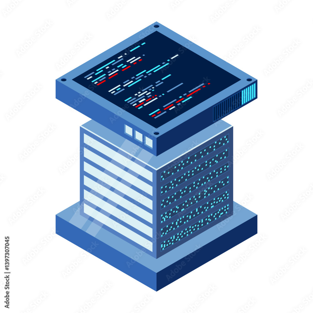 Aufkleber isometric futuristic server. isometric database or data center. abstract blockchain. computer storag
