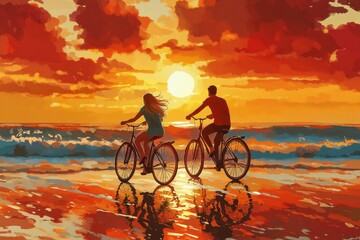 Fototapeta premium Couple biking on beach during a fiery sunset, artwork style. Ideal for travel, romance, and summer vacation themes.