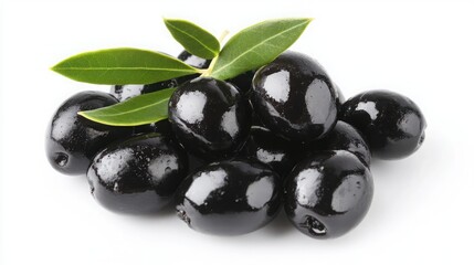Black Olives with Leaves Isolated on White Background | Clipping Path | High-Quality Food Image