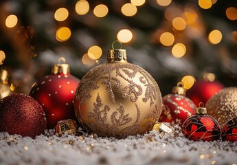 Beautifully Decorated Christmas Ornaments on Snowy Background with Glowing Bokeh Lights