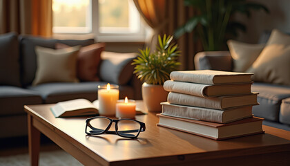 Books Stack. Cozy reading corner with books, candlelight, and warm sofa background
