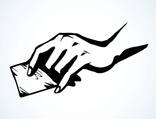 Hand with business card. Vector drawing