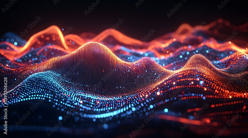Aufkleber glowing particles form undulating waves across the dark background