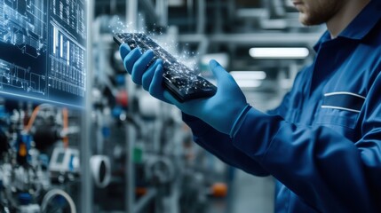 Technician Using Smartphone with Augmented Reality in Modern Industrial Setting for Advanced Diagnostics