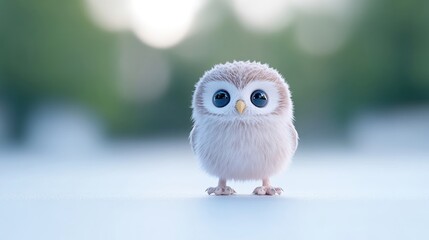 Cute, fluffy baby owl in a soft, light beige color against a blurred green and white background