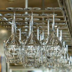 Group of wine glasses hanging upside down above a bar rack in pub or restaurant. Glasses for wine on a bar with serving items.