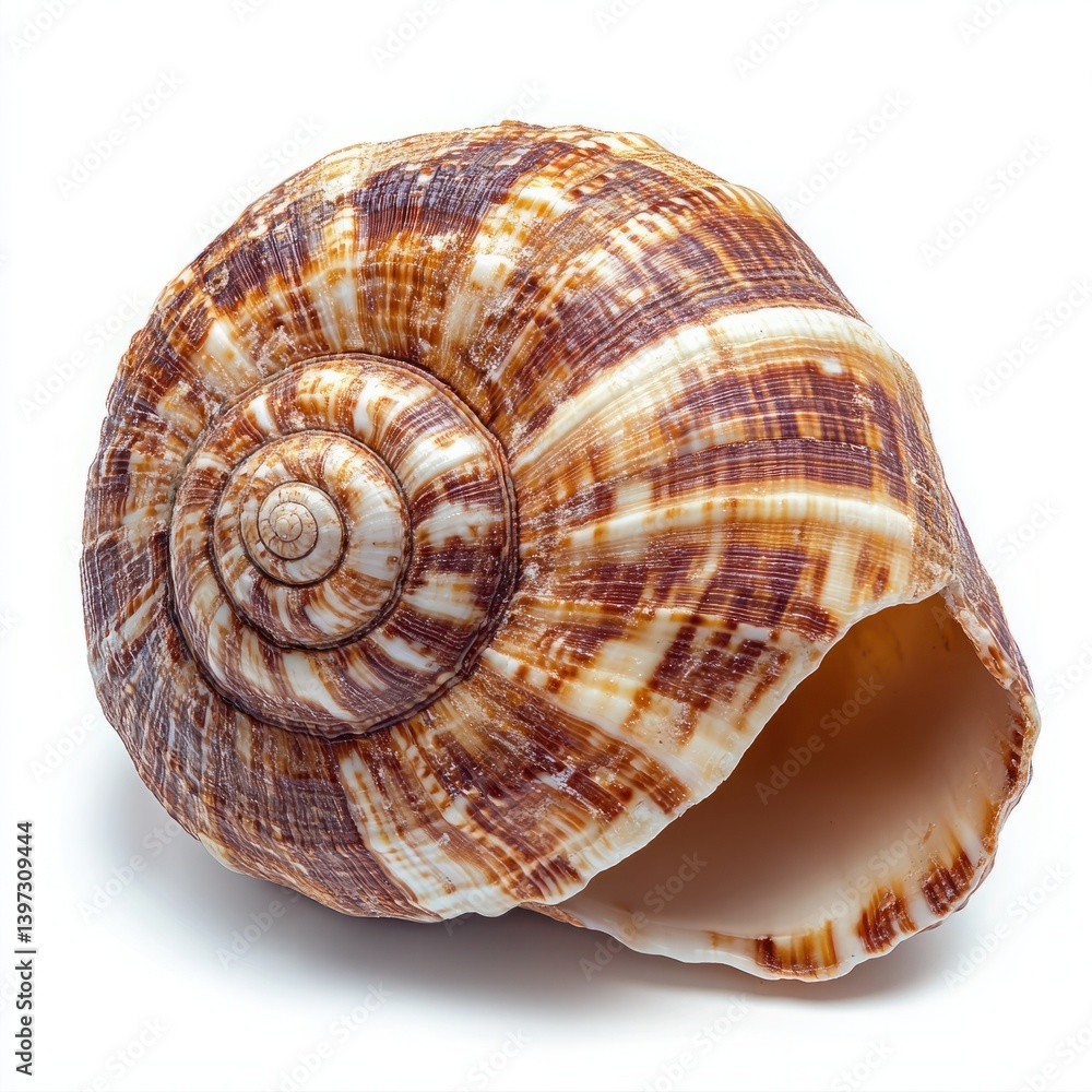 Poster beautiful spiral shell with unique patterns and smooth texture on white background