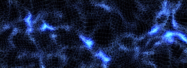 Digital technology wave with top view. Dark cyberspace with colors motion dots and line. Futuristic digital background. Big data analytics. 3d rendering.