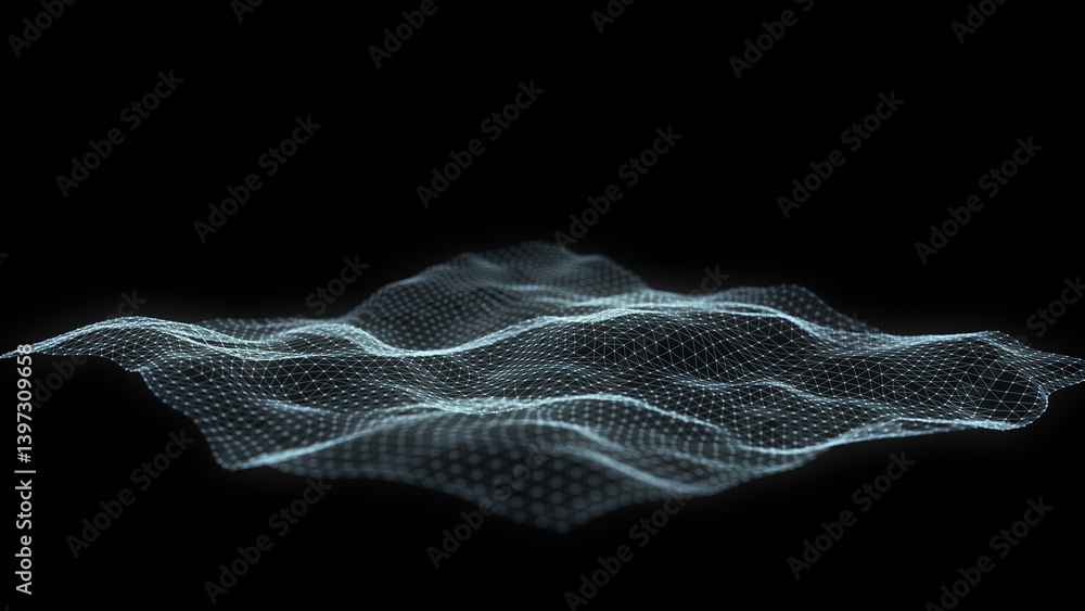 Poster Digital technology wave. Dark cyberspace with motion dots and lines. Futuristic digital background. Big data analytics. 3d rendering.