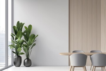 Modern minimalist interior with plants and table